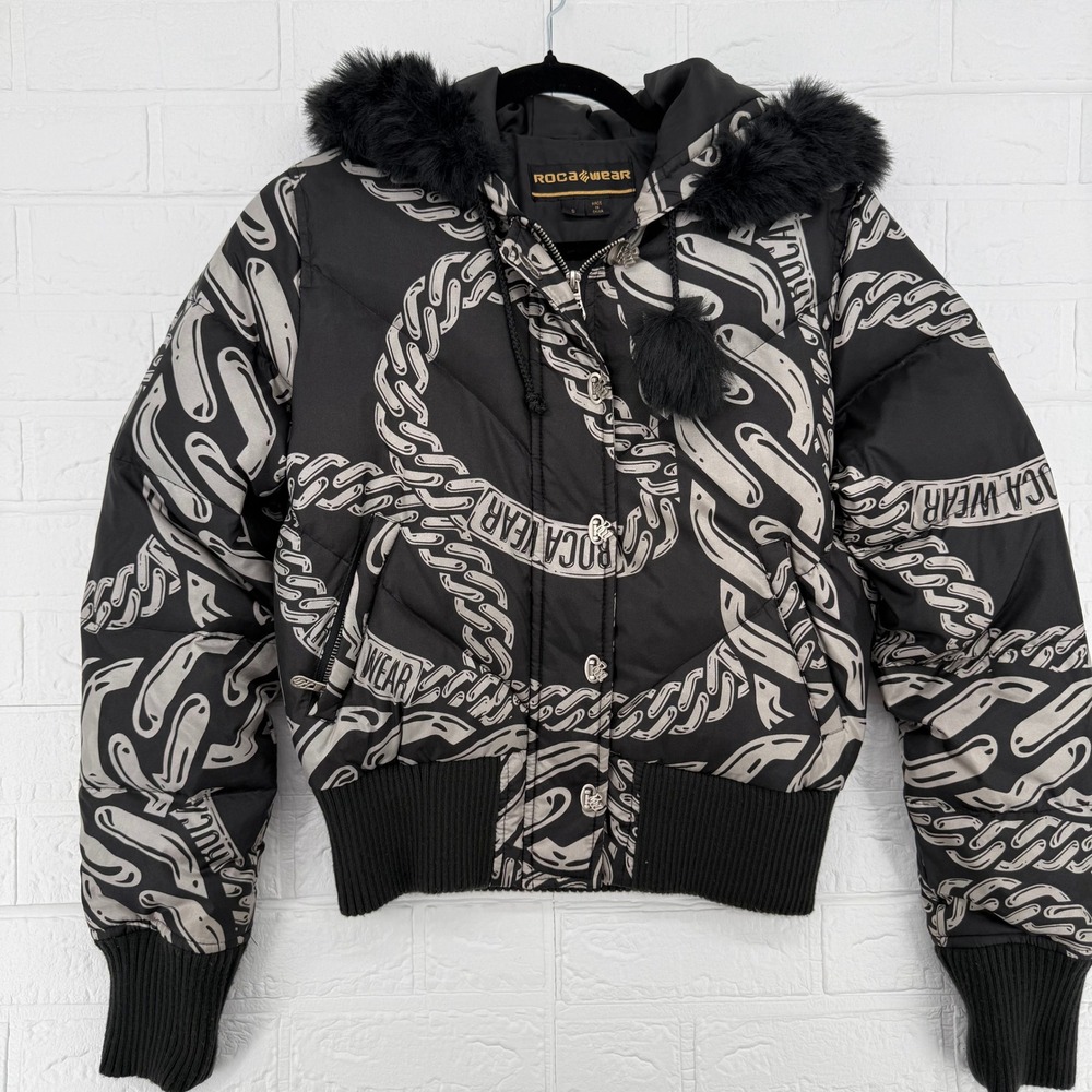 Vintage Y2K Rocawear Chain Link Puffer Jacket Faux Fur Hood 2000s Streetwear